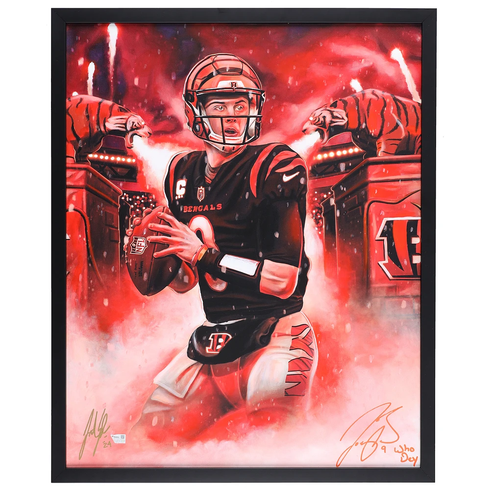 Joe Burrow Cincinnati Bengals Autographed Framed 24" x 30" Original Canvas Artwork with "Who Dey" Inscription - Art by Jordan Spector - Limited Edition #1/1