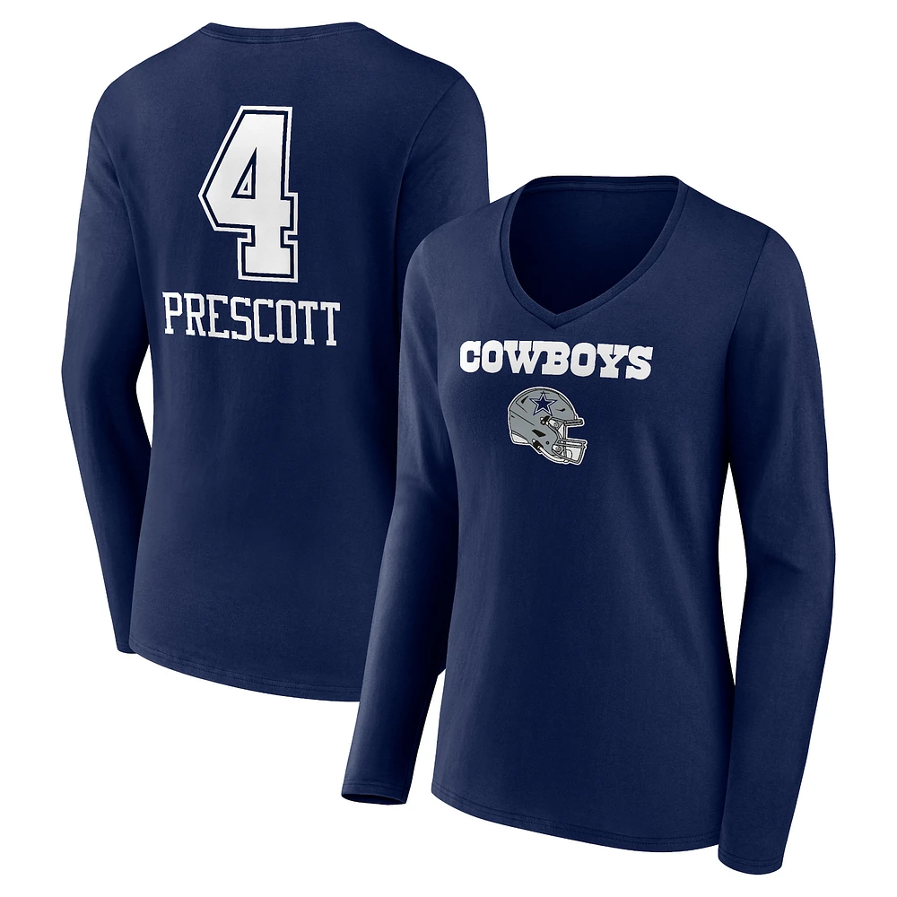 Women's Dak Prescott Navy Dallas Cowboys Team Wordmark Player Name & Number Long Sleeve V-Neck T-Shirt