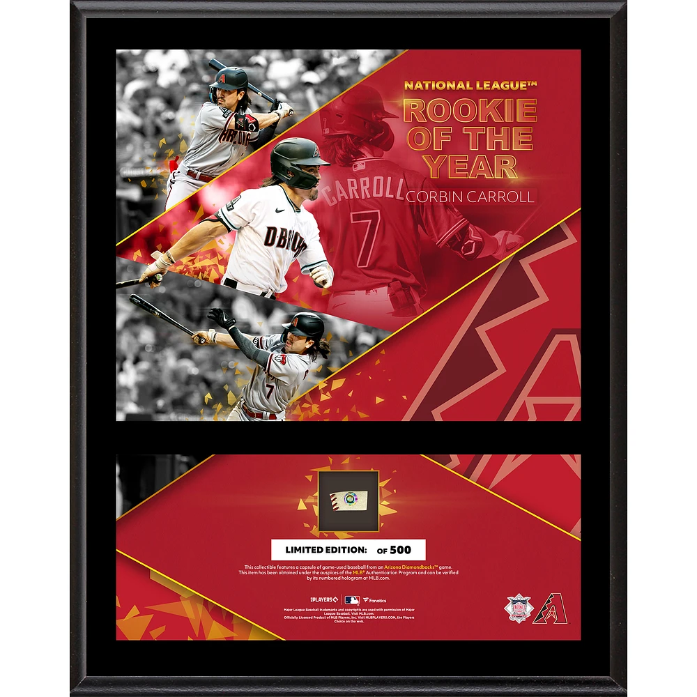 Corbin Carroll Arizona Diamondbacks 2023 National League Rookie of the Year 12" x 15" Sublimated Plaque with a Piece of Game-Used Baseball - Limited Edition of 500