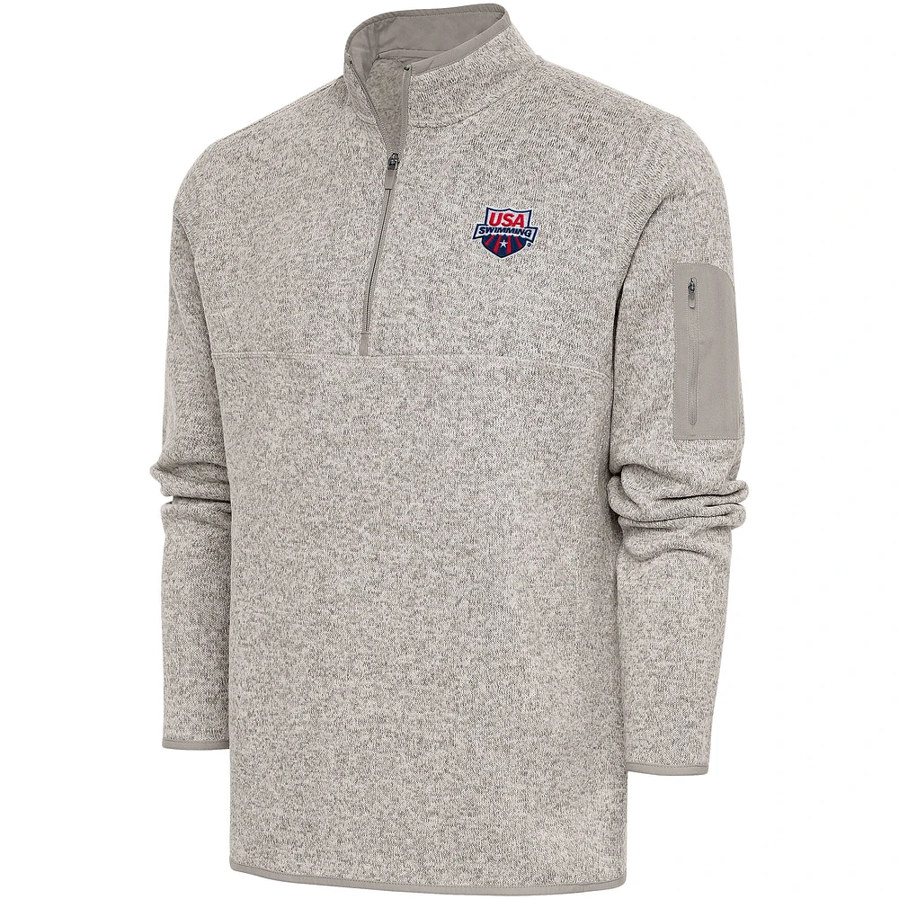 Men's Antigua Oatmeal USA Swimming Fortune Quarter-Zip Pullover Jacket