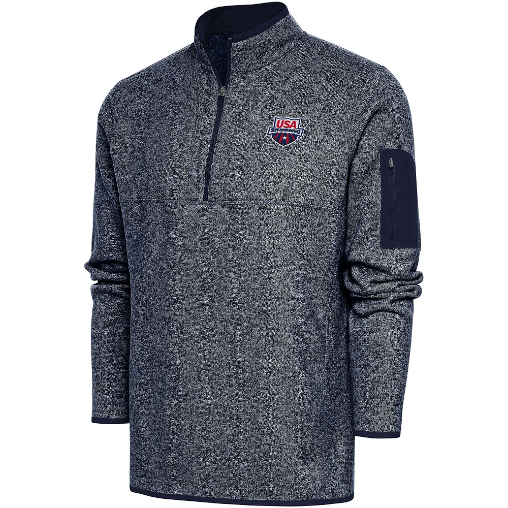 Men's Antigua Heather Navy USA Swimming Fortune Quarter-Zip Pullover Jacket