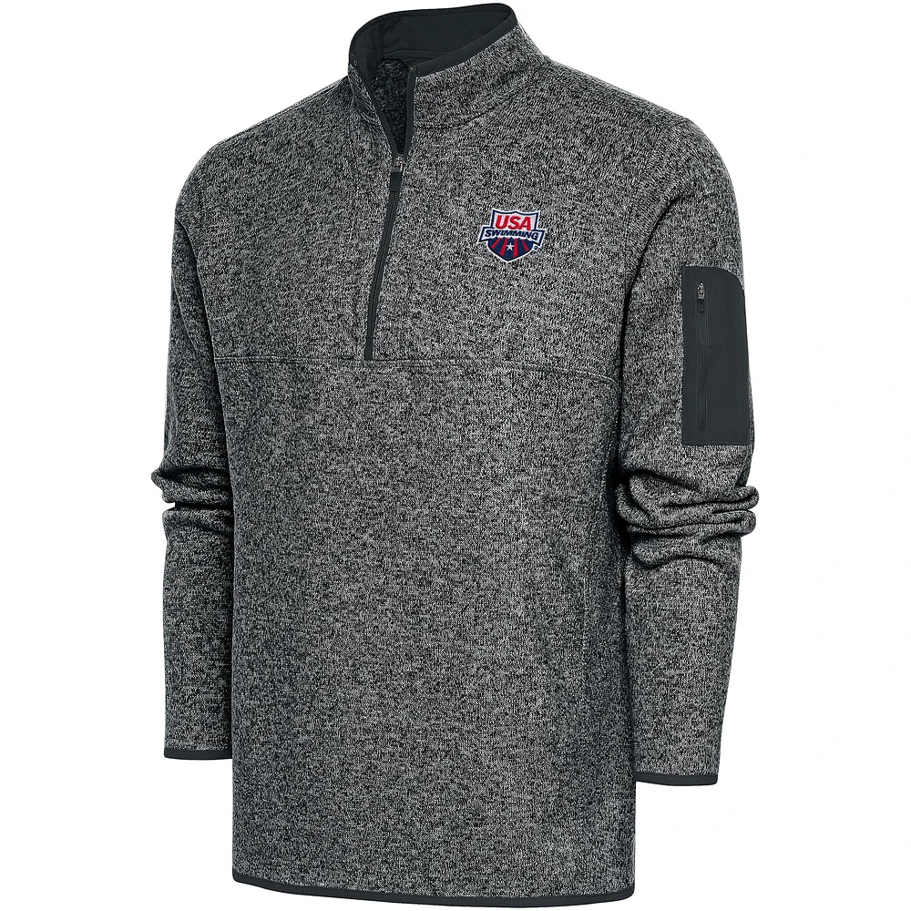 Men's Antigua Heather Charcoal USA Swimming Fortune Quarter-Zip Pullover Jacket