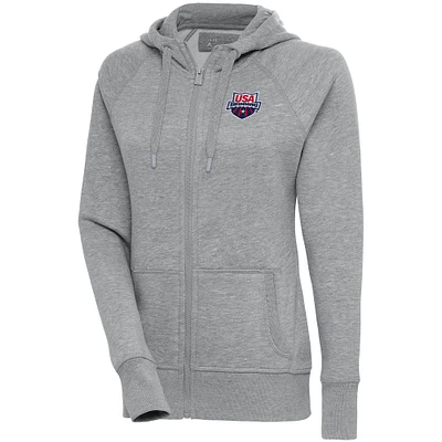 Women's Antigua Heather Gray USA Swimming Victory Full-Zip Hoodie