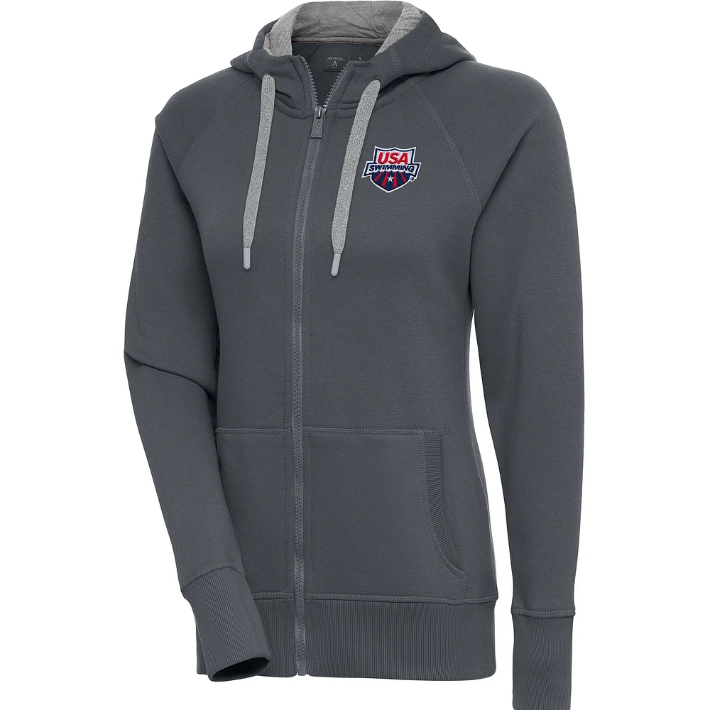 Women's Antigua Charcoal USA Swimming Victory Full-Zip Hoodie