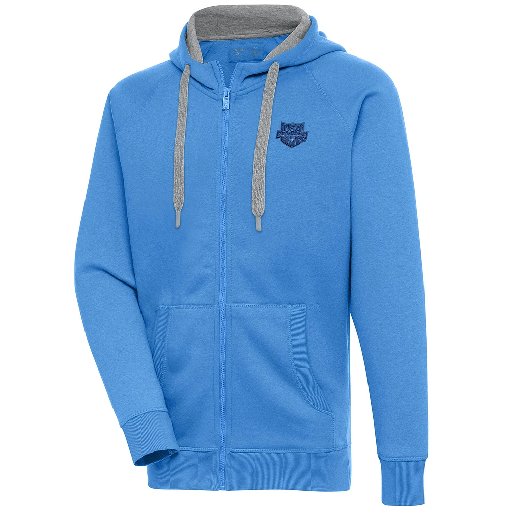 Men's Antigua Powder Blue USA Swimming Victory Full-Zip Hoodie