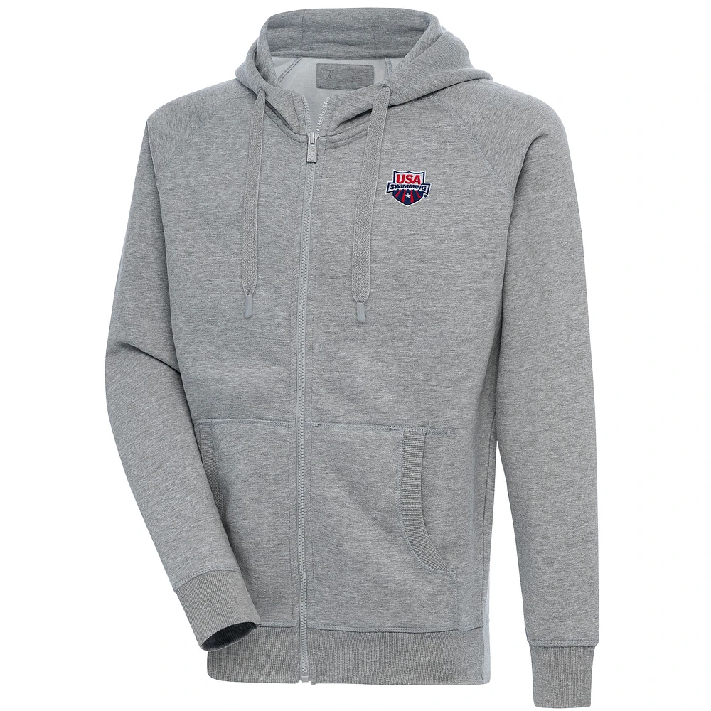 Men's Antigua Heather Gray USA Swimming Victory Full-Zip Hoodie