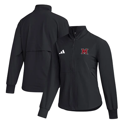 Women's adidas Black Miami University RedHawks Travel Full-Zip Woven Jacket