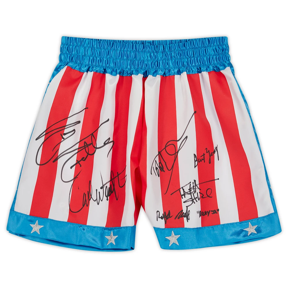 Rocky IV Cast Autographed American Flag Boxing Trunks with 6 Signatures and "Rocky Jr." Inscription