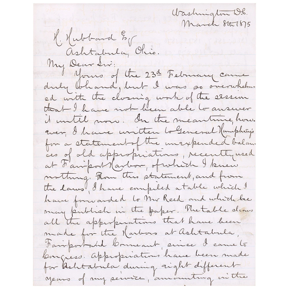 James Garfield Autographed Handwritten Letter from March 8, 1875 - JSA