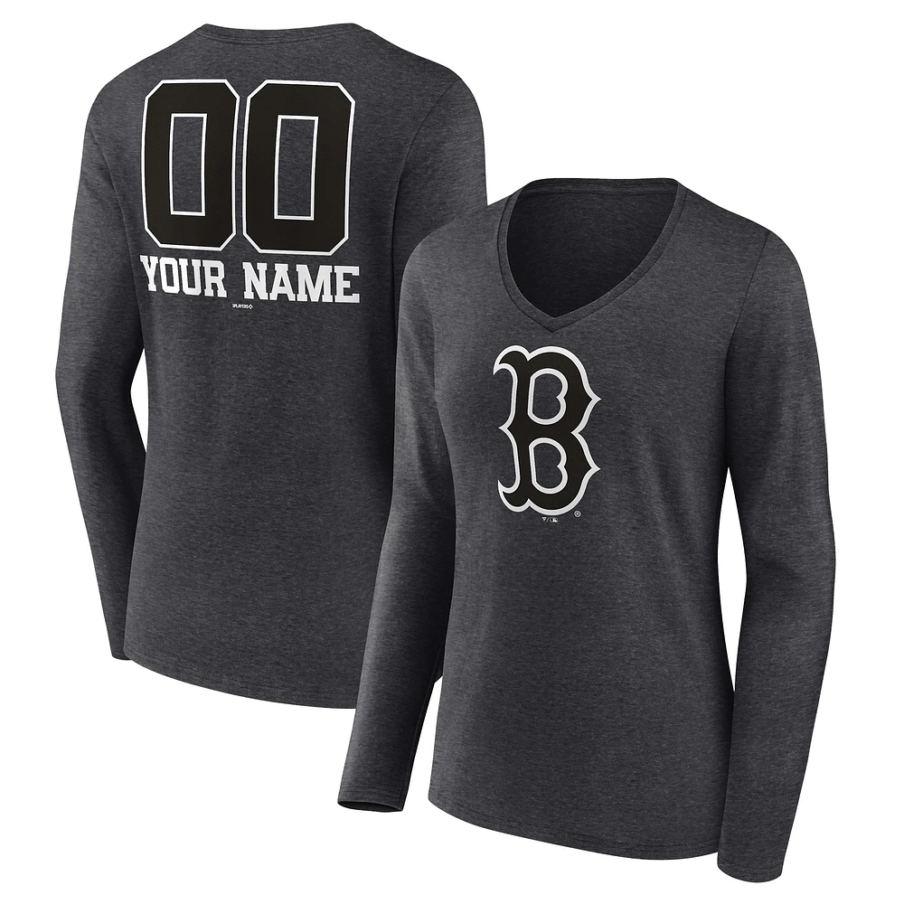 Women's Charcoal Boston Red Sox Personalized Monochrome Name & Number Long Sleeve V-Neck T-Shirt