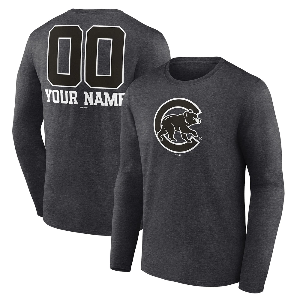 Men's Charcoal Chicago Cubs Personalized Monochrome Name & Number Long Sleeve T-Shirt