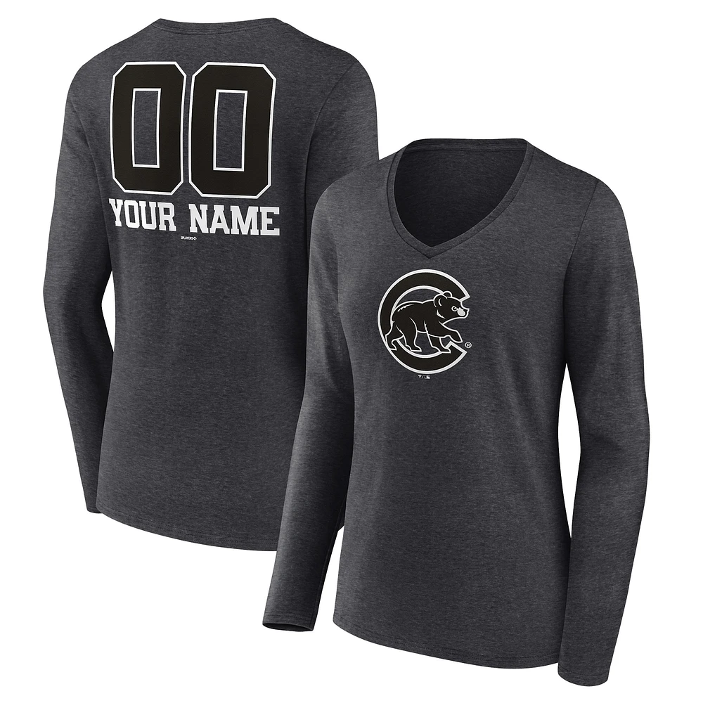 Women's Charcoal Chicago Cubs Personalized Monochrome Name & Number Long Sleeve V-Neck T-Shirt