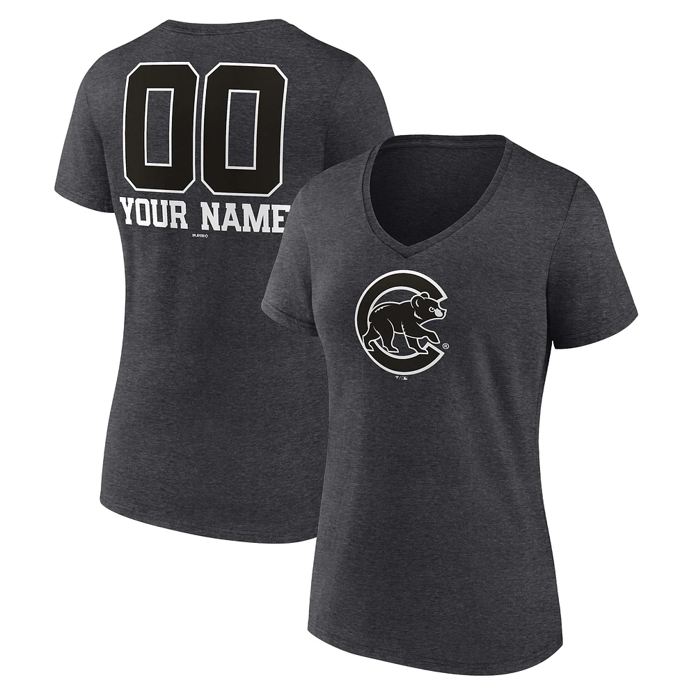 Women's Charcoal Chicago Cubs Personalized Monochrome Name & Number V-Neck T-Shirt