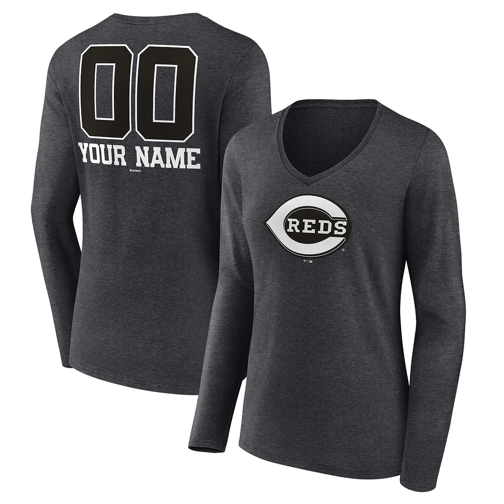 Women's Charcoal Cincinnati Reds Personalized Monochrome Name & Number Long Sleeve V-Neck T-Shirt