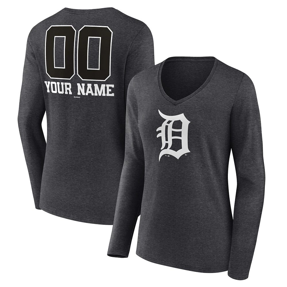 Women's Charcoal Detroit Tigers Personalized Monochrome Name & Number Long Sleeve V-Neck T-Shirt