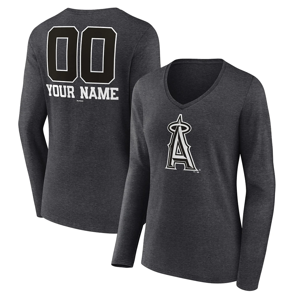 Women's Charcoal Los Angeles Angels Personalized Monochrome Name & Number Long Sleeve V-Neck T-Shirt