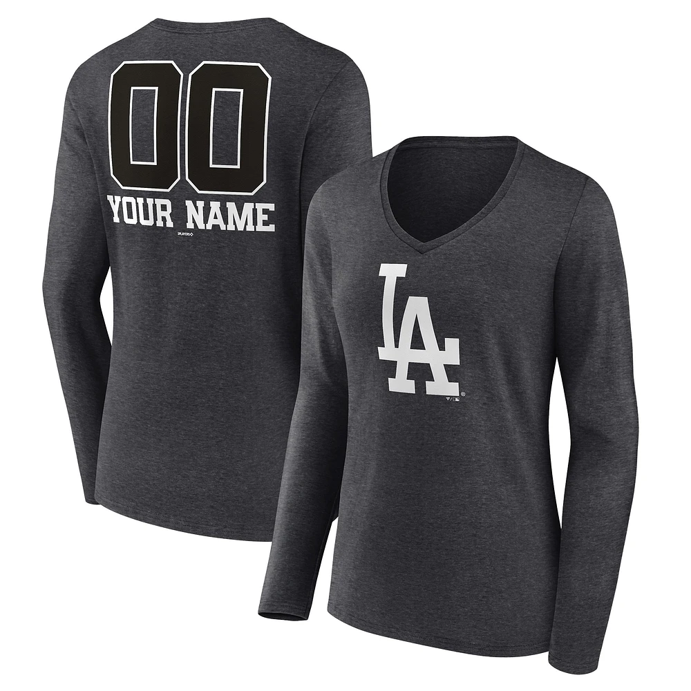 Women's Charcoal Los Angeles Dodgers Personalized Monochrome Name & Number Long Sleeve V-Neck T-Shirt