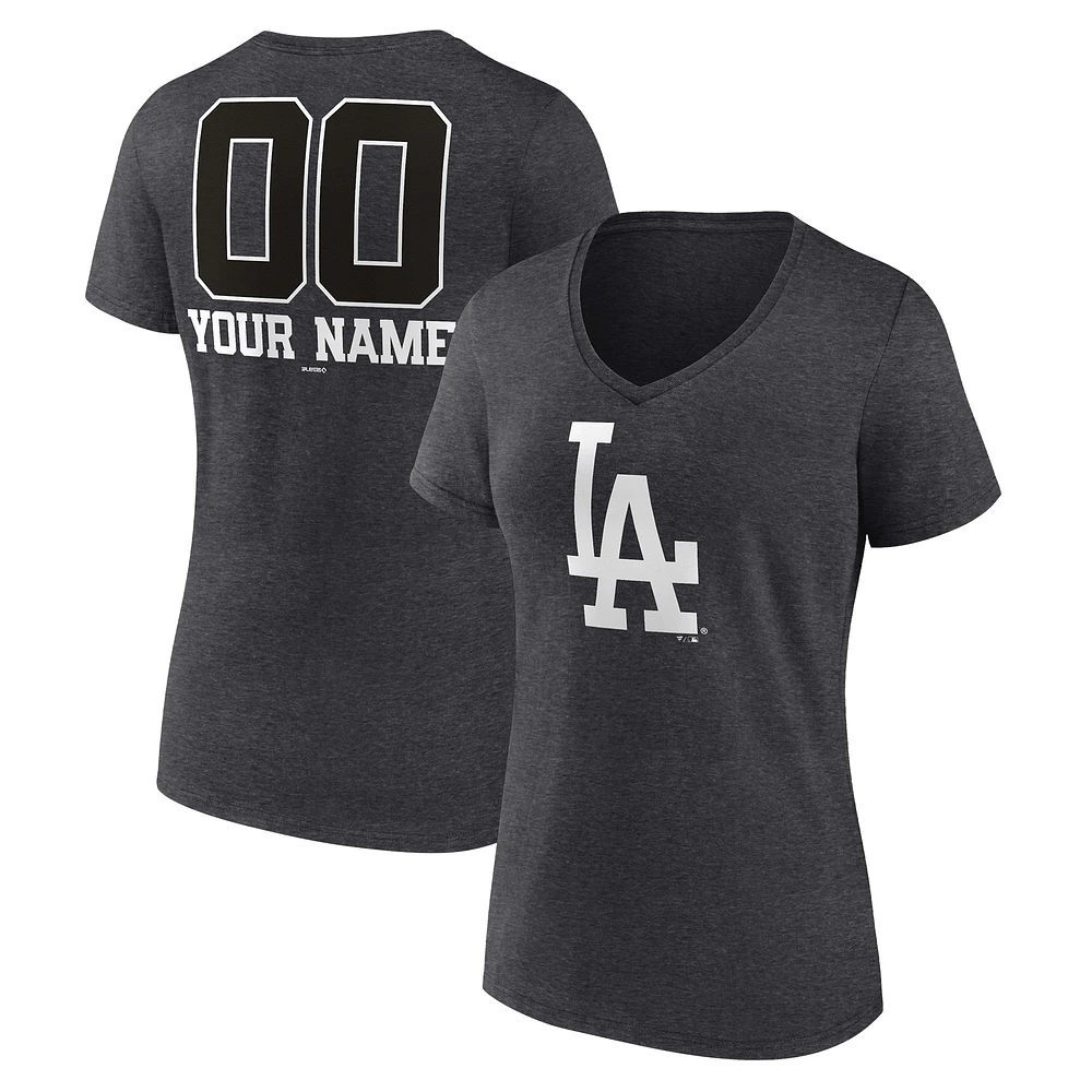 Women's Charcoal Los Angeles Dodgers Personalized Monochrome Name & Number V-Neck T-Shirt