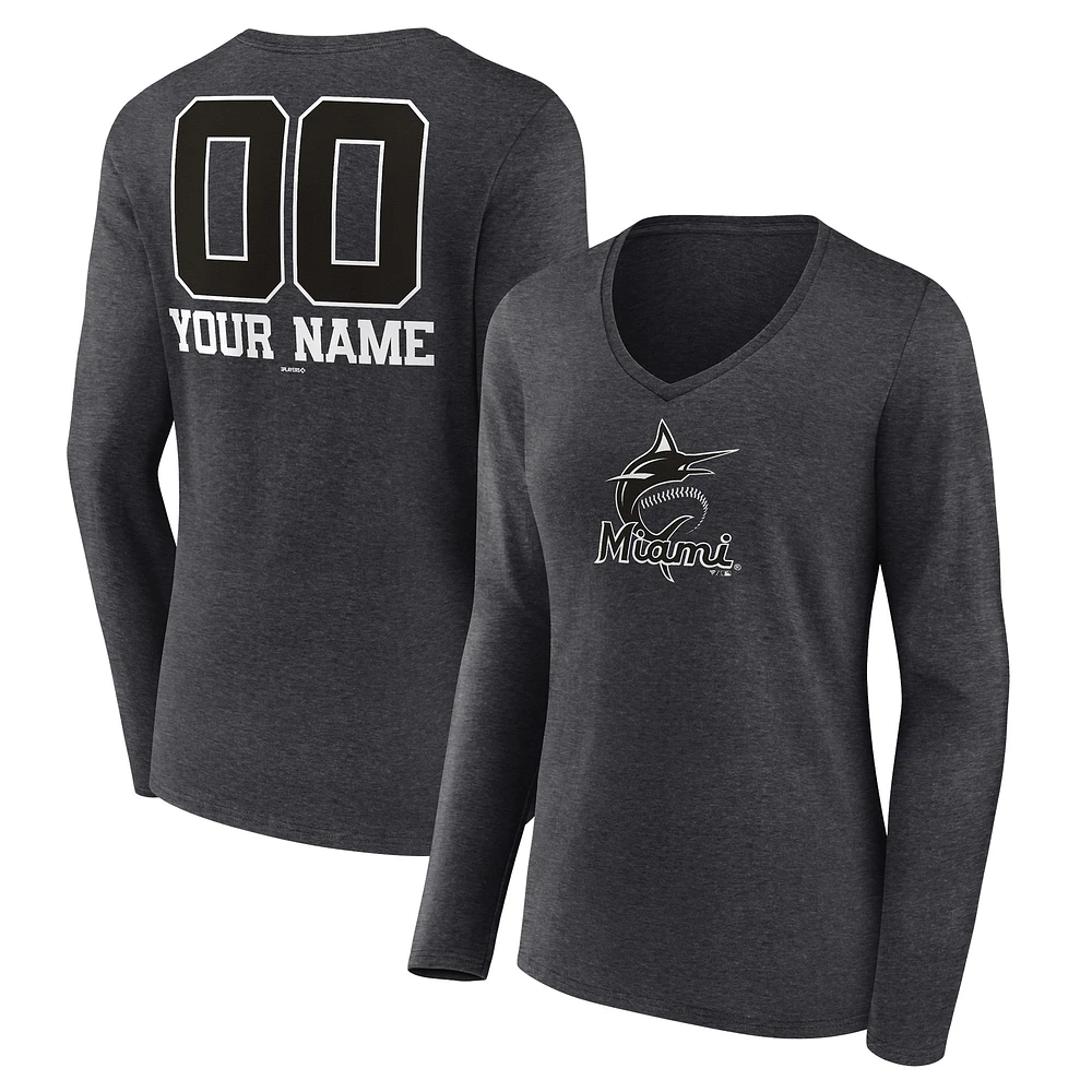 Women's Charcoal Miami Marlins Personalized Monochrome Name & Number Long Sleeve V-Neck T-Shirt