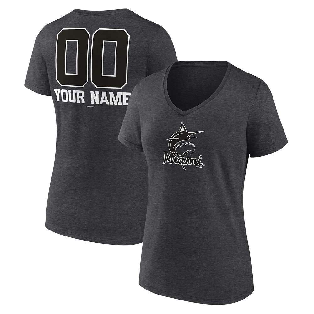 Women's Charcoal Miami Marlins Personalized Monochrome Name & Number V-Neck T-Shirt