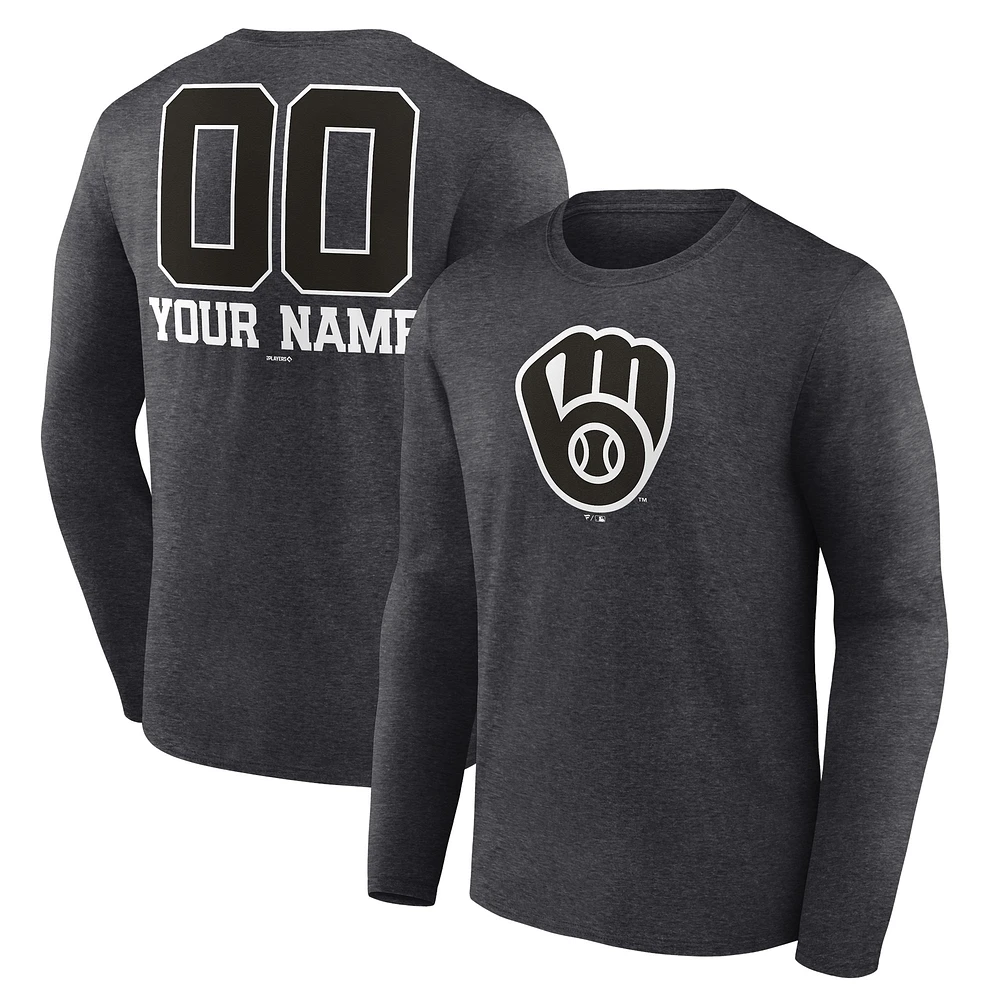 Men's Charcoal Milwaukee Brewers Personalized Monochrome Name & Number Long Sleeve T-Shirt