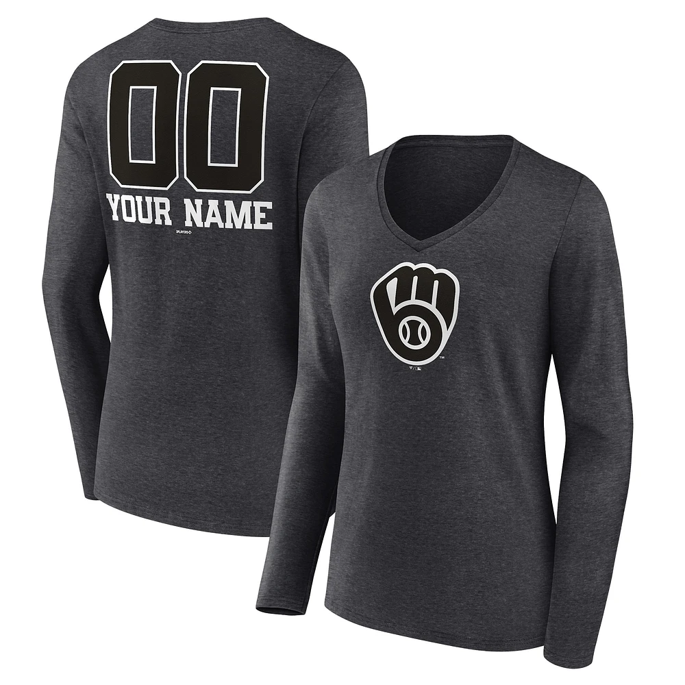 Women's Charcoal Milwaukee Brewers Personalized Monochrome Name & Number Long Sleeve V-Neck T-Shirt