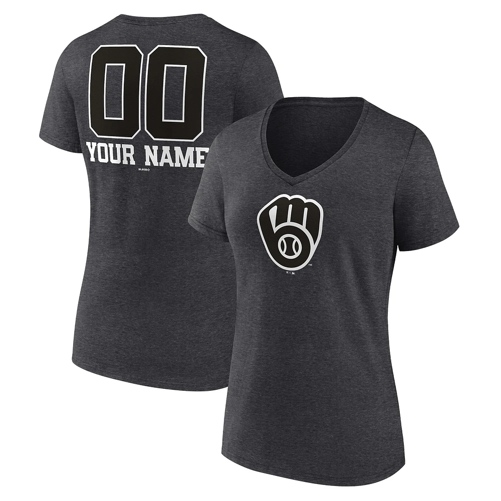 Women's Charcoal Milwaukee Brewers Personalized Monochrome Name & Number V-Neck T-Shirt