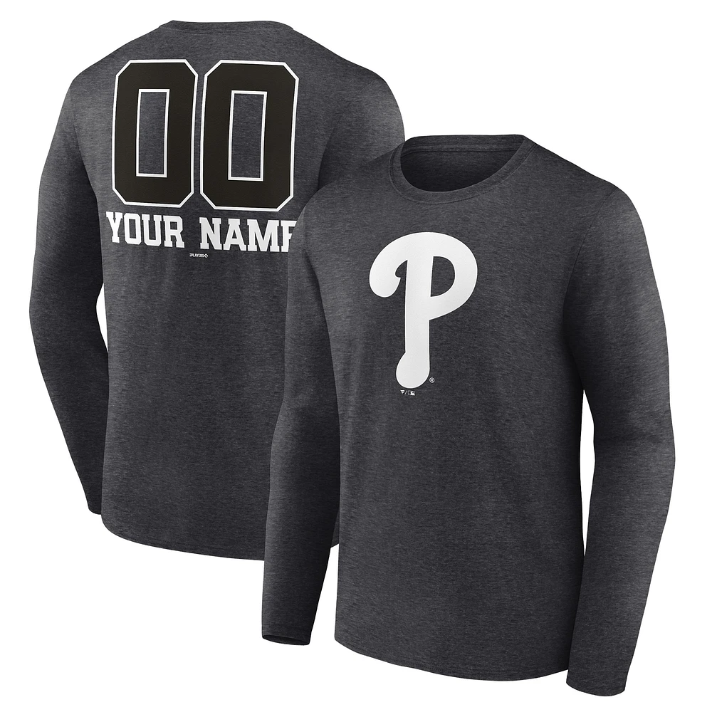 Men's Charcoal Philadelphia Phillies Personalized Monochrome Name & Number Long Sleeve T-Shirt