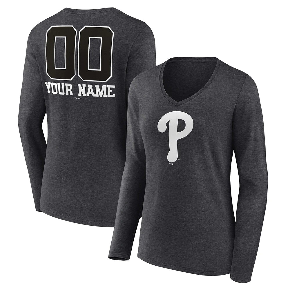 Women's Charcoal Philadelphia Phillies Personalized Monochrome Name & Number Long Sleeve V-Neck T-Shirt