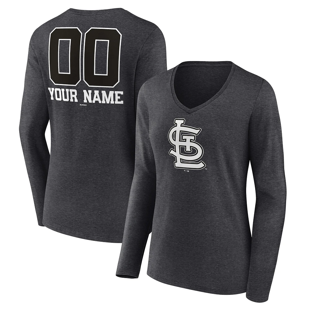 Women's Charcoal St. Louis Cardinals Personalized Monochrome Name & Number Long Sleeve V-Neck T-Shirt