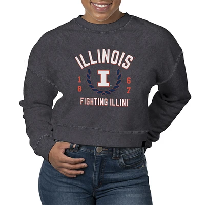 Women's Uscape Apparel Black Illinois Fighting Illini Laurels Fleece Crop Pullover Sweatshirt