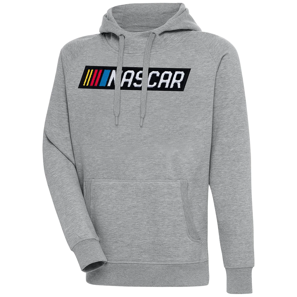 Men's Antigua Heather Gray NASCAR Victory Chenille Pullover Hoodie