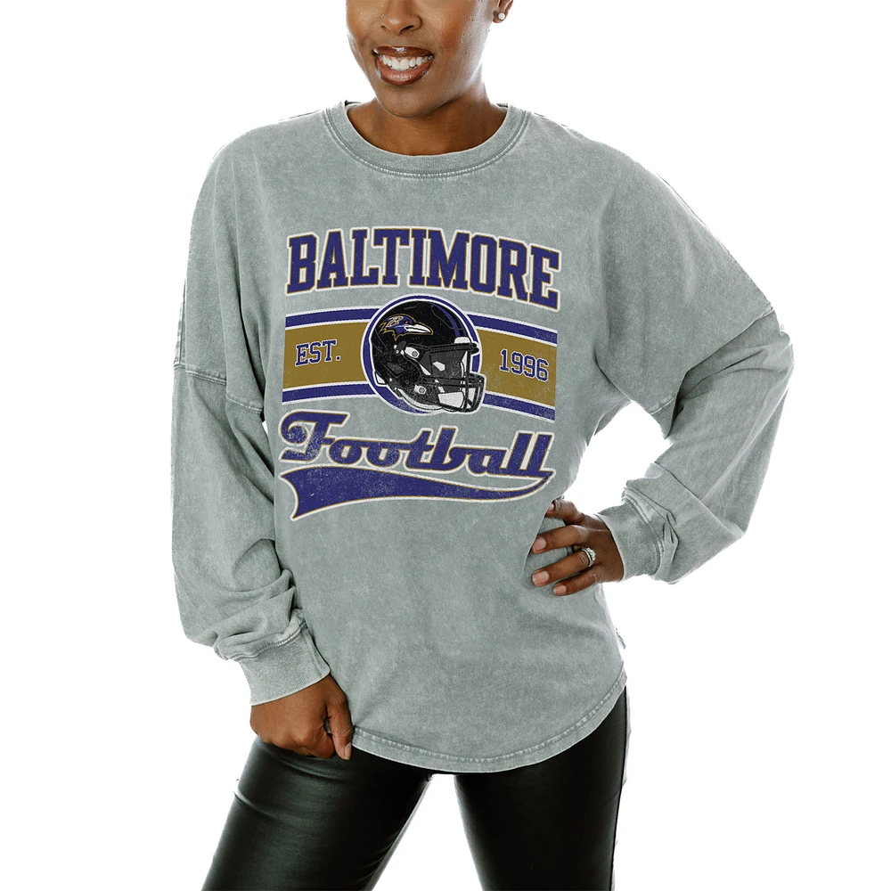 Women's Gameday Couture Gray Baltimore Ravens Snow Wash Oversized Long Sleeve T-Shirt