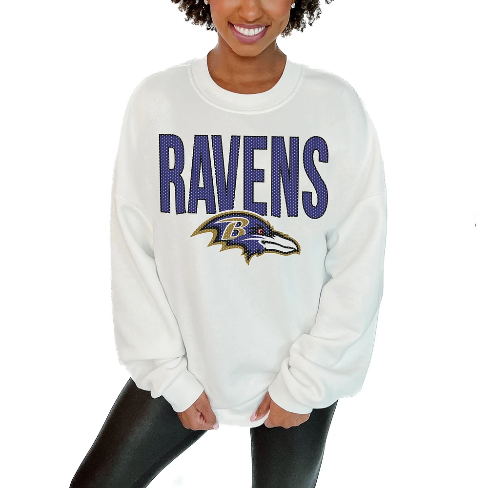 Women's Gameday Couture White Baltimore Ravens Just Go With It Oversized Long Sleeve Crewneck Sweatshirt
