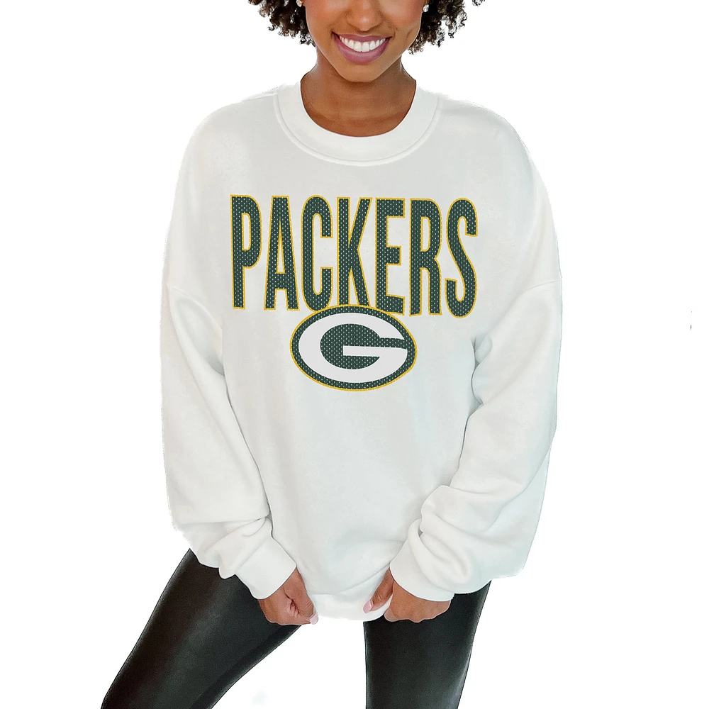Women's Gameday Couture White Green Bay Packers Just Go With It Oversized Long Sleeve Crewneck Sweatshirt