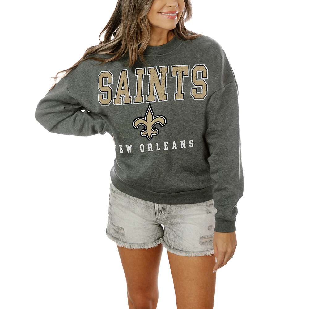 Women's Gameday Couture Charcoal New Orleans Saints Oversized Bring The Energy Pullover Sweatshirt