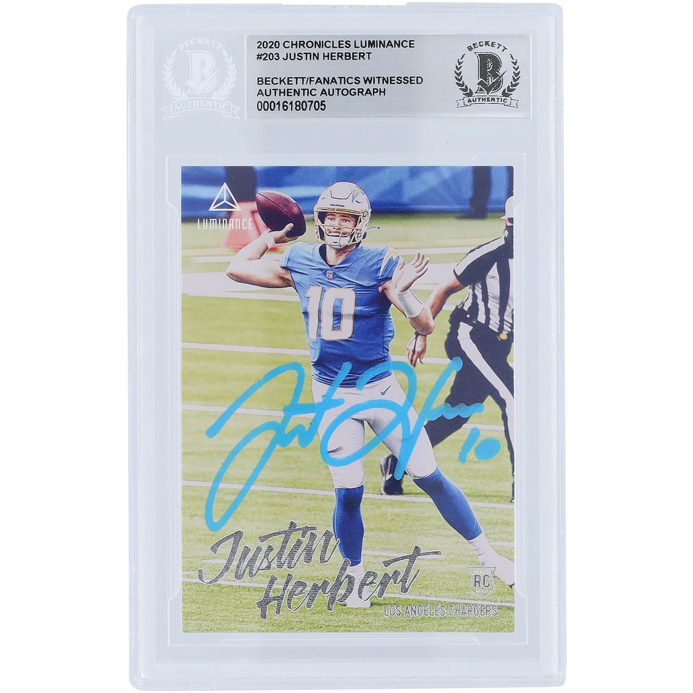 Justin Herbert Los Angeles Chargers Autographed 2020 Panini Luminance Powder Blue Paint #203 Beckett Fanatics Witnessed Authenticated Rookie Card