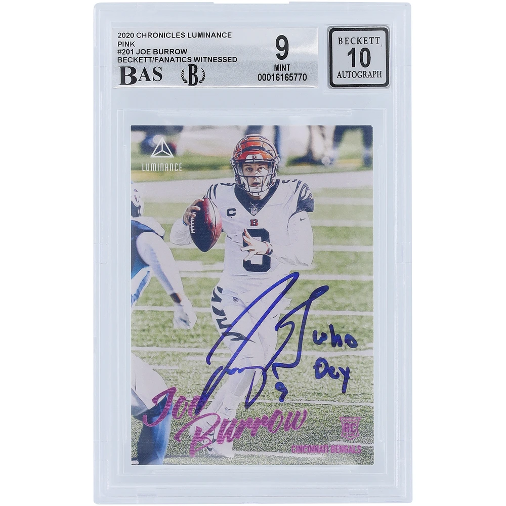 Joe Burrow Cincinnati Bengals Autographed 2020 Panini Luminance Pink #201 Beckett Fanatics Witnessed Authenticated 9/10 Rookie Card with "WHO DEY" Inscription - 10,8.5,9,9.5 Subgrades