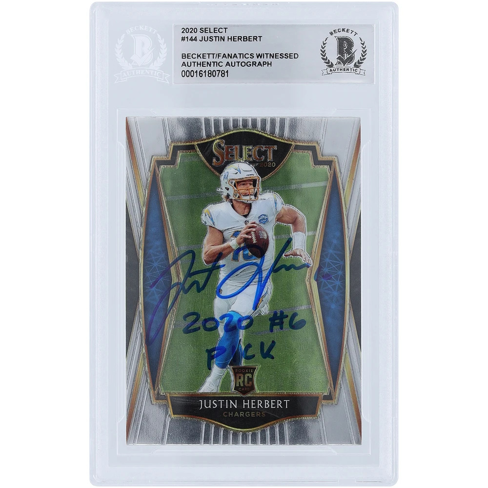 Justin Herbert Los Angeles Chargers Autographed 2020 Panini Select Premier Level #144 Beckett Fanatics Witnessed Authenticated Rookie Card with "2020 #6 PICK" Inscription