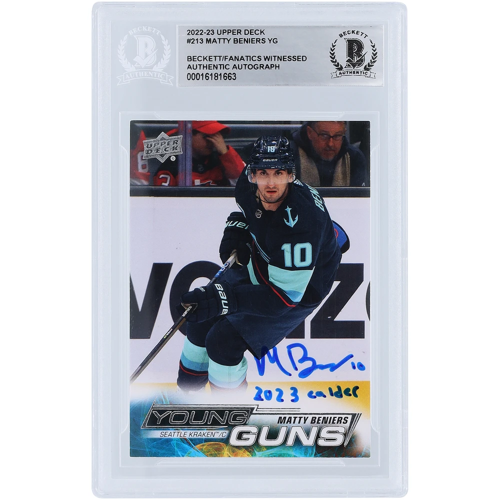 Matty Beniers Seattle Kraken Autographed 2022-23 Upper Deck Series 1 Young Guns #213 Beckett Fanatics Witnessed Authenticated Rookie Card with "2023 Calder" Inscription