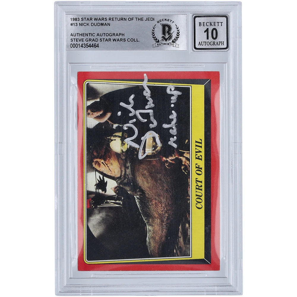 Nick Dudman Star Wars Autographed 1983 Topps Return of the Jedi #13 BGS Authenticated 10 Card with "Make Up" Inscription