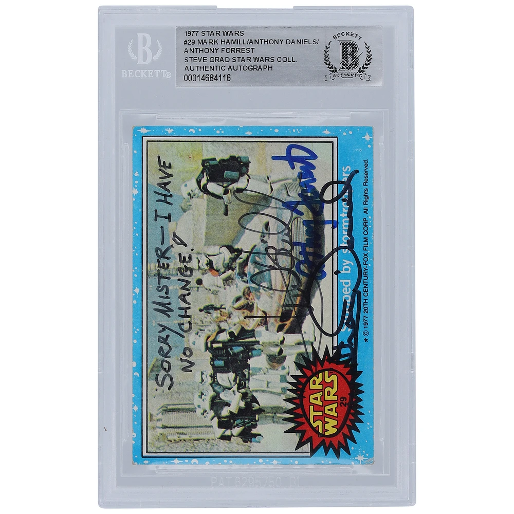 Mark Hamill, Anthony Daniels and Anthony Forrest Autographed 1977 Topps Star Wars #29 BGS Authenticated Card with "Sorry Mister - I Have No Change!" Inscription