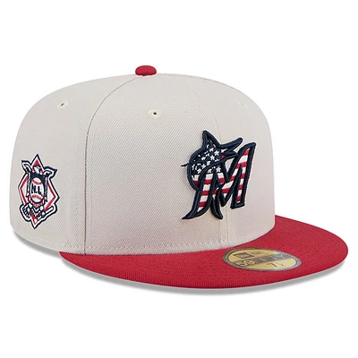 Men's New Era Khaki/Red Miami Marlins 2024 Fourth of July 59FIFTY Fitted Hat