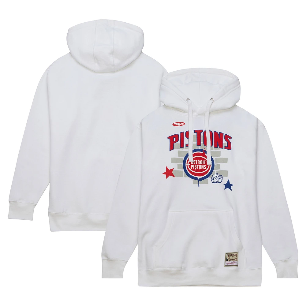 Men's Mitchell & Ness x Tats Cru White Detroit Pistons Hardwood Classics Brick Pullover Hoodie