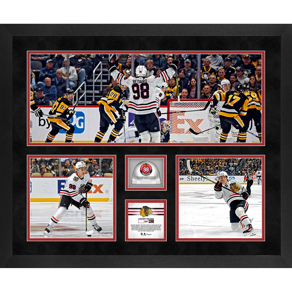 Connor Bedard Chicago Blackhawks Framed NHL Debut 20" x 24" 3-Photograph Collage with Game-Used Ice from Debut Game - Limited Edition of 198