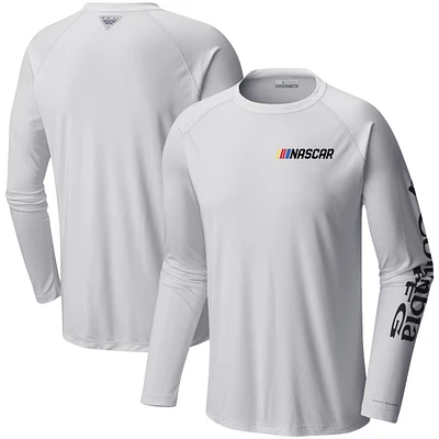 Men's Columbia White NASCAR Terminal Tackle Omni-Shade Raglan Long Sleeve T-Shirt