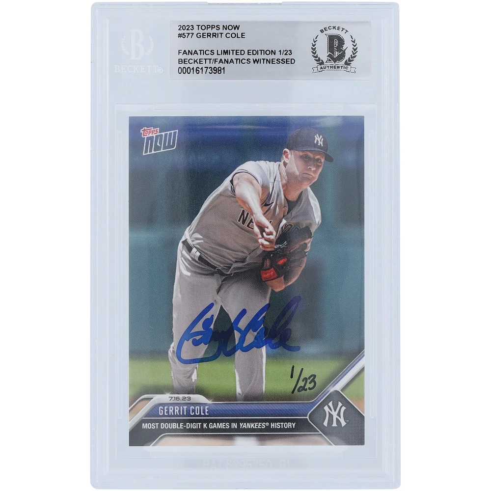 Gerrit Cole New York Yankees Autographed 2023 Topps Now #577 #/23 Beckett Fanatics Witnessed Authenticated Card