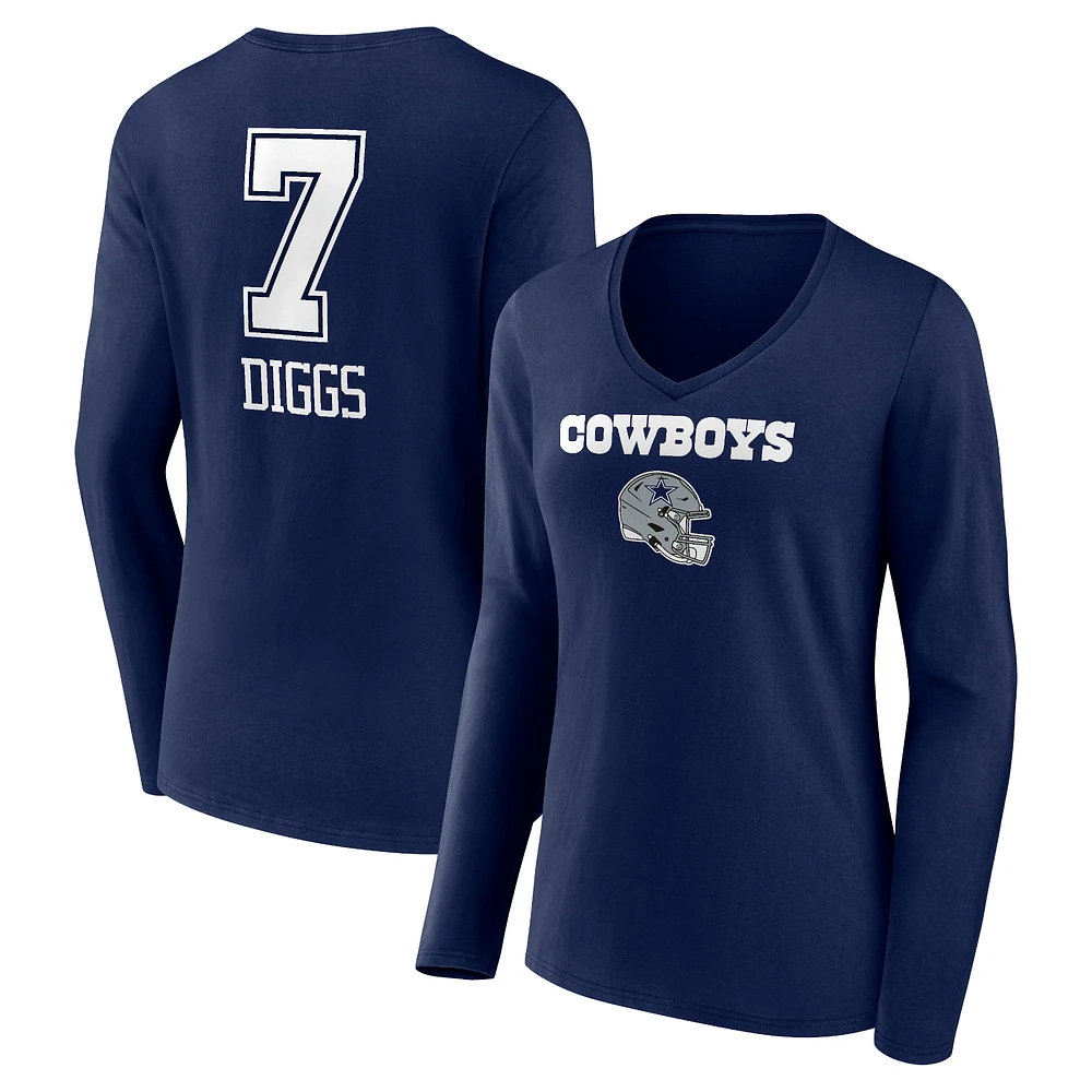 Women's Trevon Diggs Navy Dallas Cowboys Wordmark Player Name & Number Long Sleeve V-Neck T-Shirt
