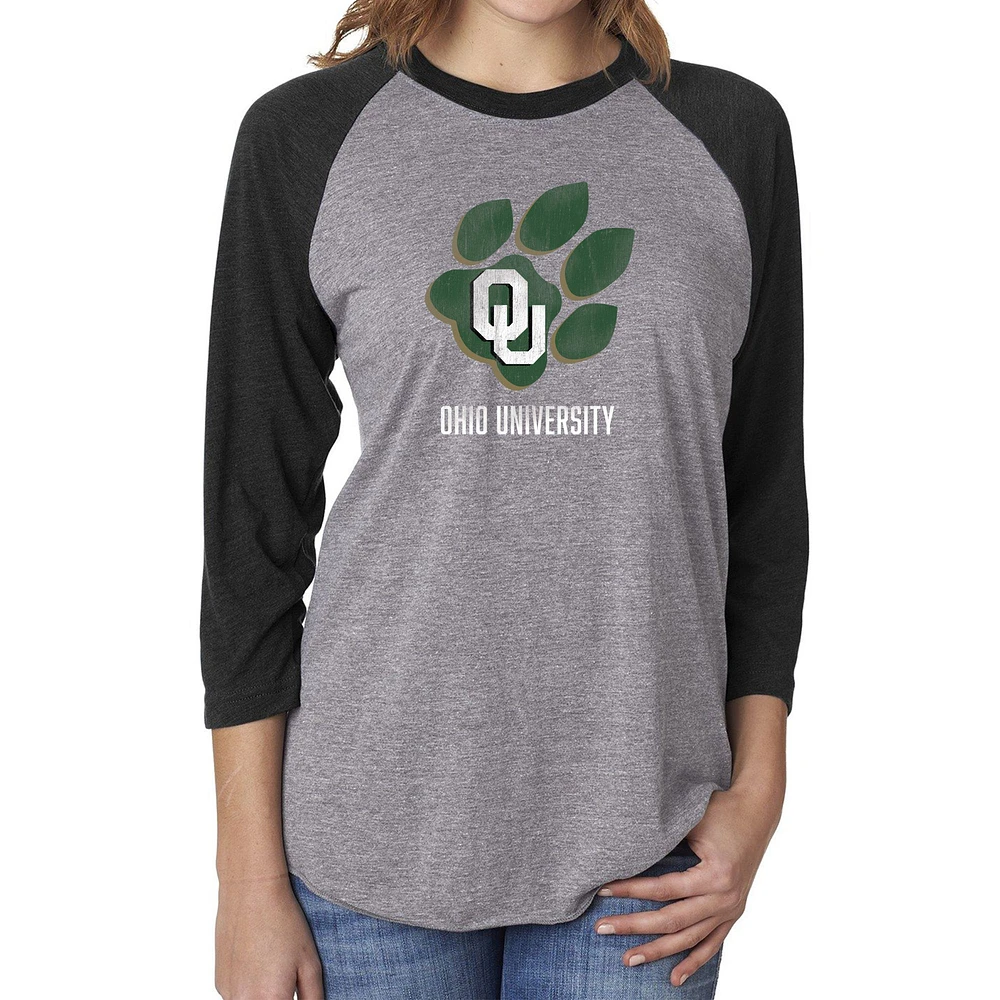 Women's Heather Gray/Charcoal Ohio Bobcats Three-Quarter Raglan Sleeve Baseball T-Shirt