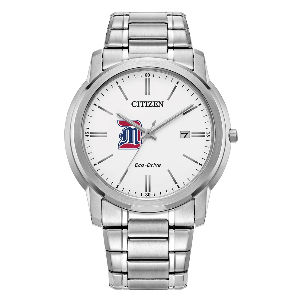 Men's Citizen Watch Silver Detroit Mercy Titans Eco-Drive White Dial Stainless Steel Watch